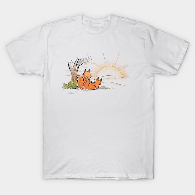 Foxes enjoying the sunset T-Shirt by Jason's Doodles